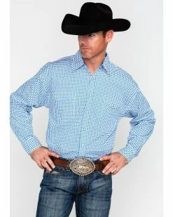 Panhandle Select Men's Poplin Geo Print Long Sleeve Western Shirt  Blue