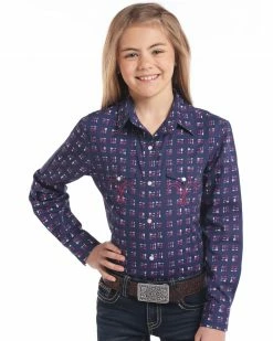 White Label By Panhandle Girls' Navy Arrow Long Sleeve Western Shirt