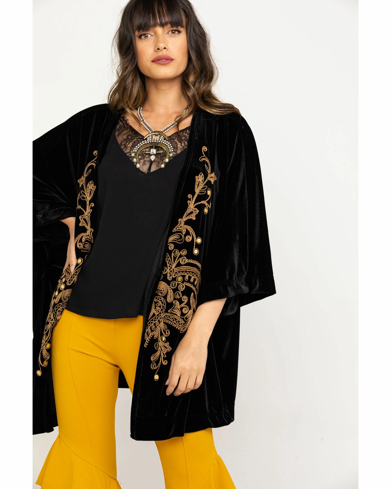 White Label By Panhandle Women's Gold Embroidered Velvet Kimono Black 2 White Label By Panhandle Women's Gold Embroidered Velvet Kimono Black