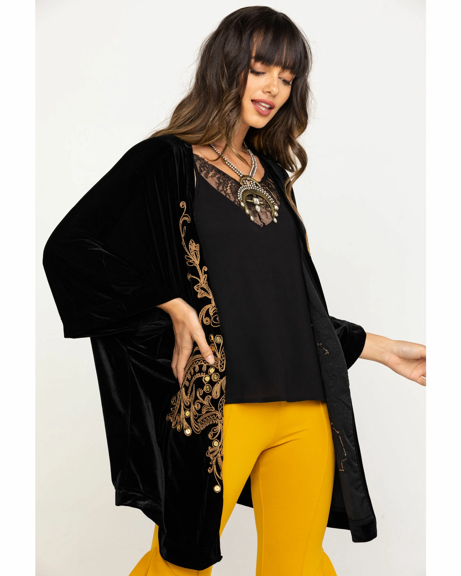 White Label By Panhandle Women's Gold Embroidered Velvet Kimono Black 6 White Label By Panhandle Women's Gold Embroidered Velvet Kimono Black - Image 5
