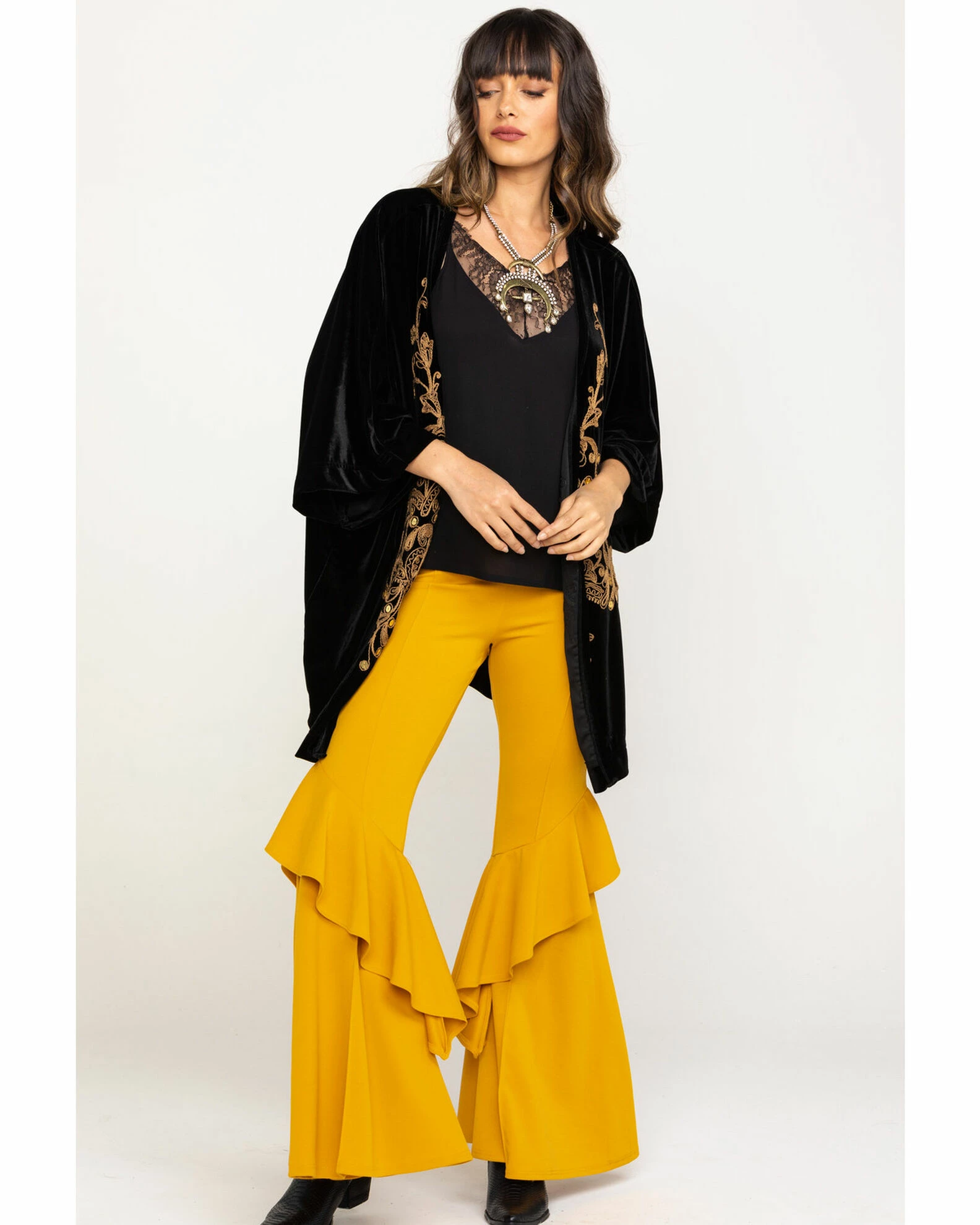 White Label By Panhandle Women's Gold Embroidered Velvet Kimono Black 7 White Label By Panhandle Women's Gold Embroidered Velvet Kimono Black - Image 6