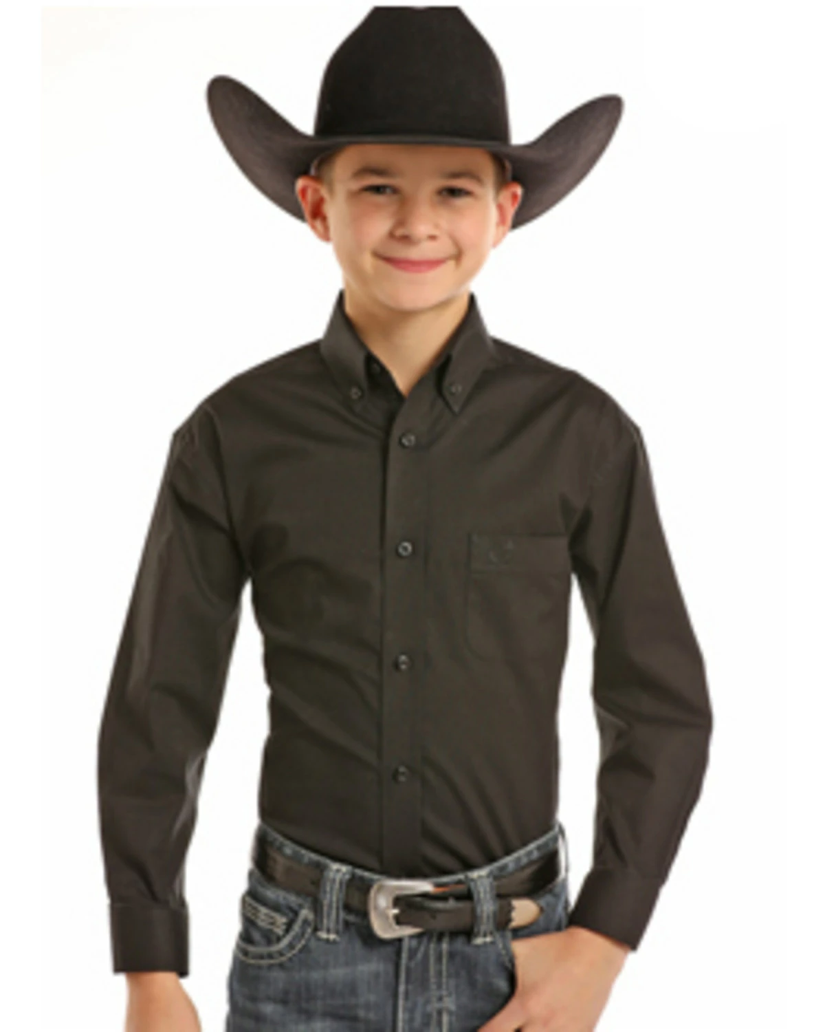 Panhandle Select Boys' Black Solid Stretch Poplin Print Long Sleeve Western Shirt 4 Panhandle Select Boys' Black Solid Stretch Poplin Print Long Sleeve Western Shirt - Image 2