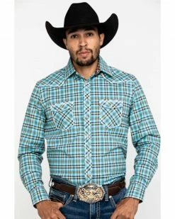 Rough Stock By Panhandle Men's Bergen Ombre Plaid Long Sleeve Western Shirt Blue