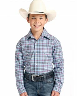 Rough Stock By Panhandle Boys' Luge Ombre Stretch Plaid Long Sleeve Western Shirt  Blue