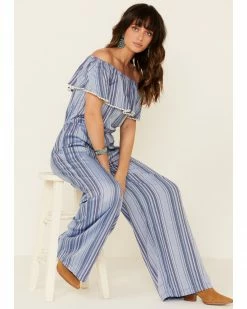 White Label By Panhandle Women's Stripe Off-Shoulder Flounce Jumpsuit Blue -Panhandle shop 2000312601 400 P1 1