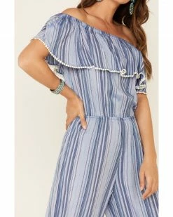 White Label By Panhandle Women's Stripe Off-Shoulder Flounce Jumpsuit Blue -Panhandle shop 2000312601 400 P3