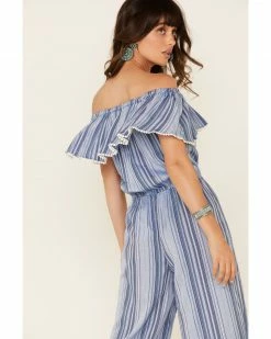White Label By Panhandle Women's Stripe Off-Shoulder Flounce Jumpsuit Blue -Panhandle shop 2000312601 400 P5