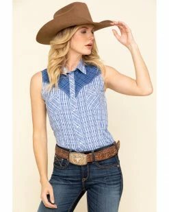 Rough Stock By Panhandle Women's Check Sleeveless Western Shirt Blue -Panhandle shop 2000312607 400 P1 1