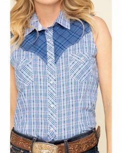 Rough Stock By Panhandle Women's Check Sleeveless Western Shirt Blue -Panhandle shop 2000312607 400 P4