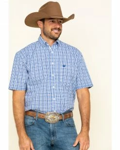 Rough Stock By Panhandle Men's Devlin Dobby Plaid Short Sleeve Western Shirt  Blue