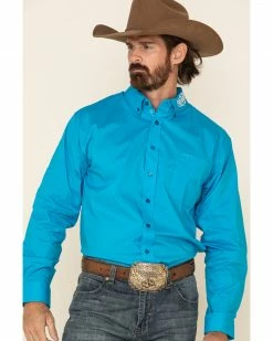 Panhandle Select Men's Solid Embroidered Stretch Poplin Long Sleeve Western Shirt  Blue