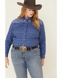Rough Stock By Panhandle Women's Carrigan Classic Plaid Long Sleeve Western Shirt - Plus Blue -Panhandle shop 2000318432 400 P1 1