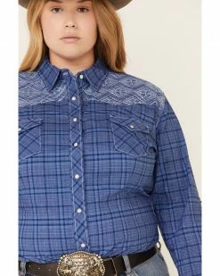 Rough Stock By Panhandle Women's Carrigan Classic Plaid Long Sleeve Western Shirt - Plus Blue -Panhandle shop 2000318432 400 P3