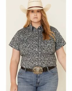 Rough Stock By Panhandle Women's Black Floral Print Short Sleeve Western Shirt - Plus  -Panhandle shop 2000318436 001 P1 1