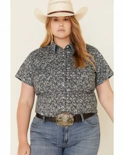 Rough Stock By Panhandle Women's Black Floral Print Short Sleeve Western Shirt - Plus
