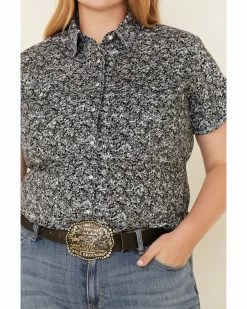 Rough Stock By Panhandle Women's Black Floral Print Short Sleeve Western Shirt - Plus  -Panhandle shop 2000318436 001 P3