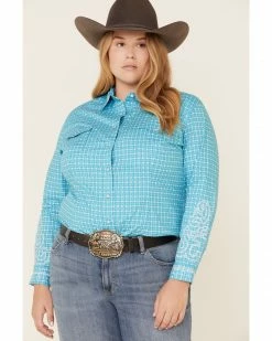 Rough Stock By Panhandle Women's Geo Print Snap Long Sleeve Western Shirt - Plus Turquoise -Panhandle shop 2000323350 440 P1 1