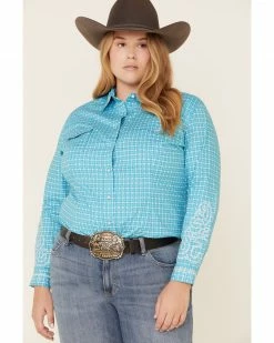 Rough Stock By Panhandle Women's Geo Print Snap Long Sleeve Western Shirt - Plus Turquoise