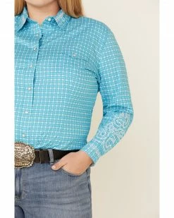Rough Stock By Panhandle Women's Geo Print Snap Long Sleeve Western Shirt - Plus Turquoise -Panhandle shop 2000323350 440 P3