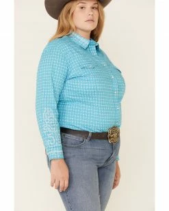 Rough Stock By Panhandle Women's Geo Print Snap Long Sleeve Western Shirt - Plus Turquoise -Panhandle shop 2000323350 440 P4
