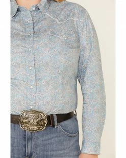 Rough Stock By Panhandle Women's Vintage Print Snap Long Sleeve Western Shirt - Plus Blue -Panhandle shop 2000323352 400 P3