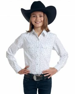Rough Stock By Panhandle Girls' White Picacho Southwest Print Long Sleeve Western Shirt