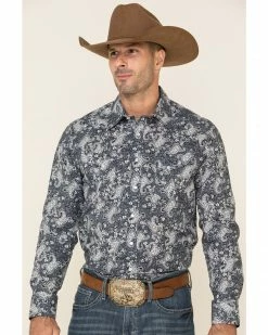 Panhandle Rock & Roll Cowboy Men's Navy Paisley Print Long Sleeve Western Shirt  -Panhandle shop 2000324094 410 P1 1