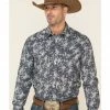 Panhandle Rock & Roll Cowboy Men's Navy Paisley Print Long Sleeve Western Shirt  -Panhandle shop 2000324094 410 P1