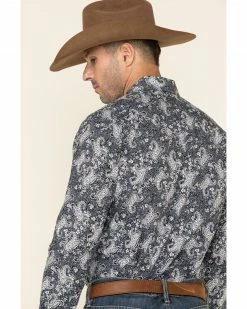 Panhandle Rock & Roll Cowboy Men's Navy Paisley Print Long Sleeve Western Shirt  -Panhandle shop 2000324094 410 P4