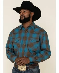 Rough Stock By Panhandle Men's Menlo Ombre Plaid Long Sleeve Western Shirt Blue