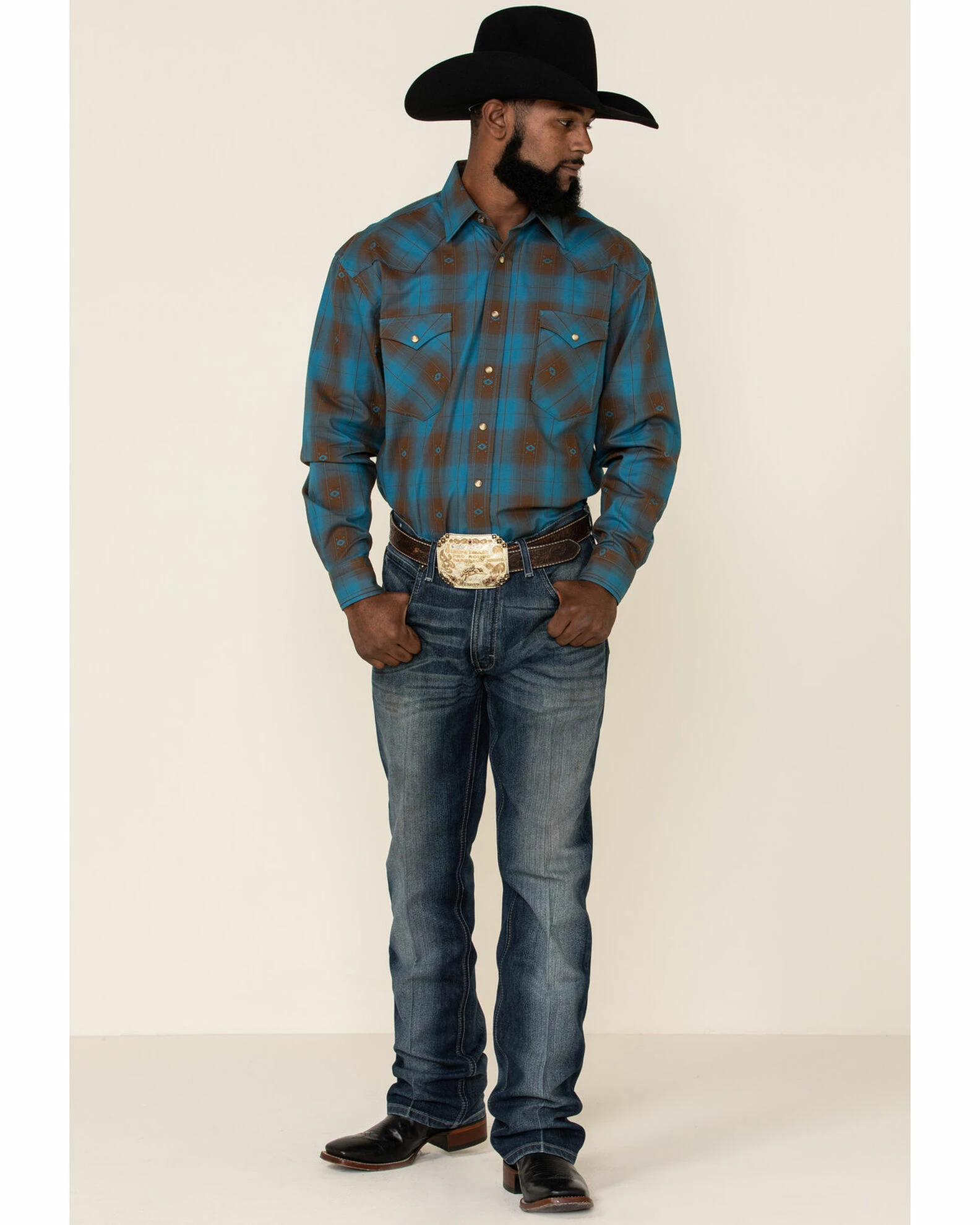 Rough Stock By Panhandle Men's Menlo Ombre Plaid Long Sleeve Western Shirt Blue 4 Rough Stock By Panhandle Men's Menlo Ombre Plaid Long Sleeve Western Shirt Blue - Image 2