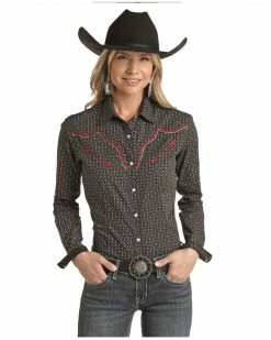 Panhandle Women's Card Geo Print Embroidered Long Sleeve Western Shirt - Plus  Black