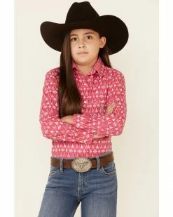 Panhandle Girls Hot Pink Teepee Southwestern Print Long Sleeve Snap Western Shirt  For Girls' -Panhandle shop 2000333654 650 P1 1