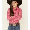 Panhandle Girls Hot Pink Teepee Southwestern Print Long Sleeve Snap Western Shirt  For Girls'