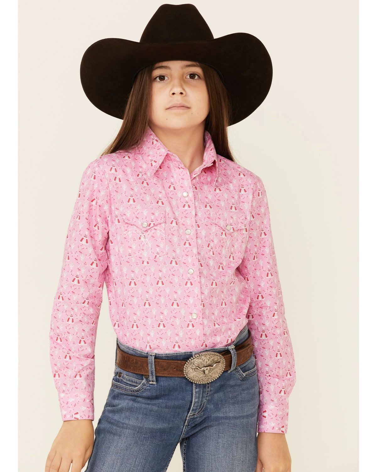 Panhandle Girls' Pink Teepee Print Long Sleeve Western Shirt 7 Panhandle Girls' Pink Teepee Print Long Sleeve Western Shirt - Image 5