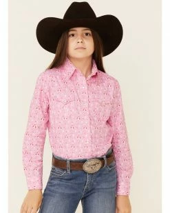 Panhandle Girls' Pink Teepee Print Long Sleeve Western Shirt 