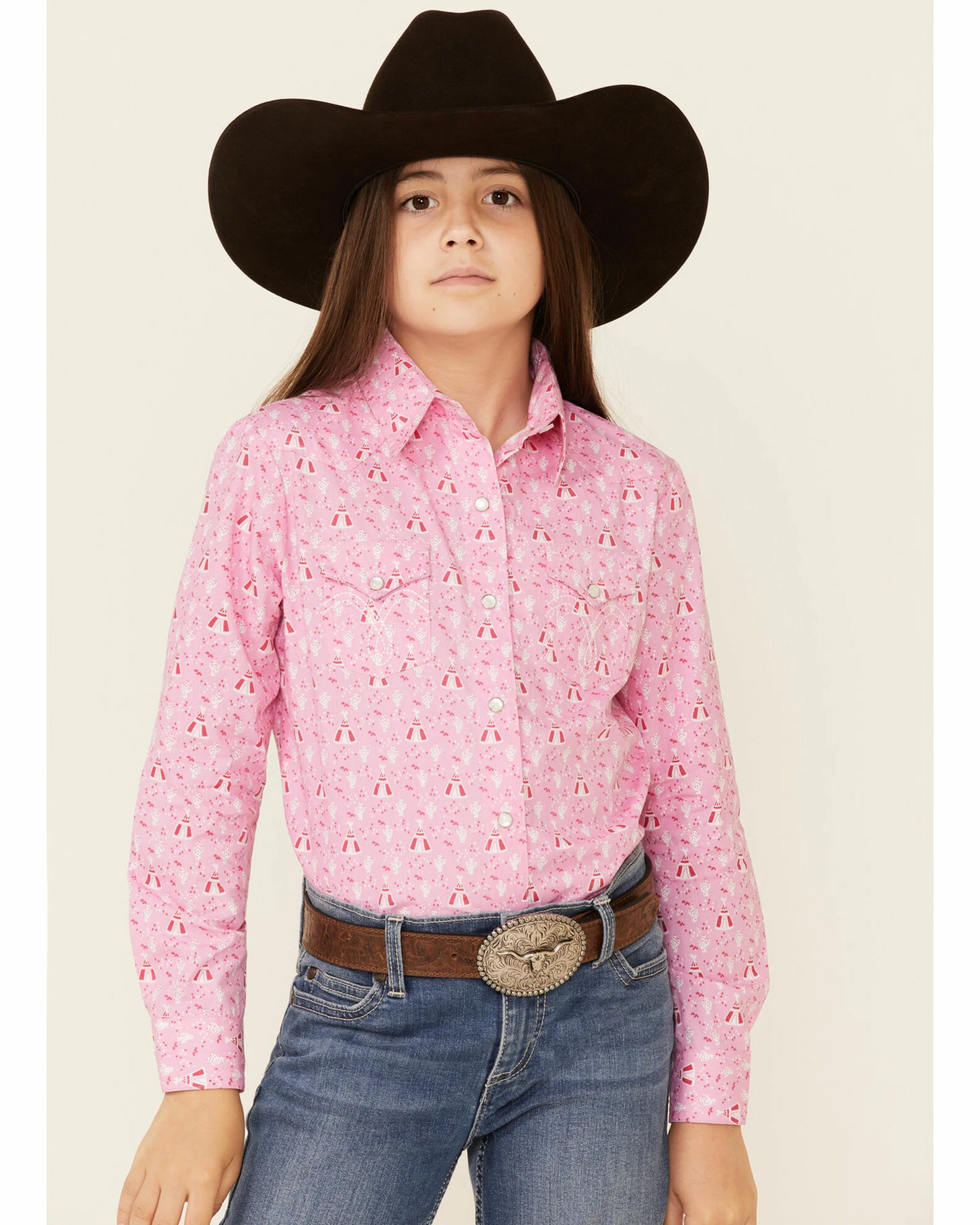 Panhandle Girls' Pink Teepee Print Long Sleeve Western Shirt 3 Panhandle Girls' Pink Teepee Print Long Sleeve Western Shirt