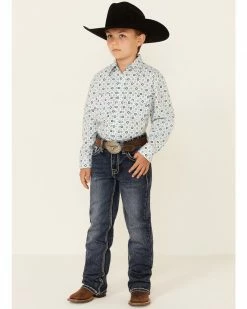 Panhandle Select Boys' Turquoise Dot Geo Print Long Sleeve Snap Western Shirt