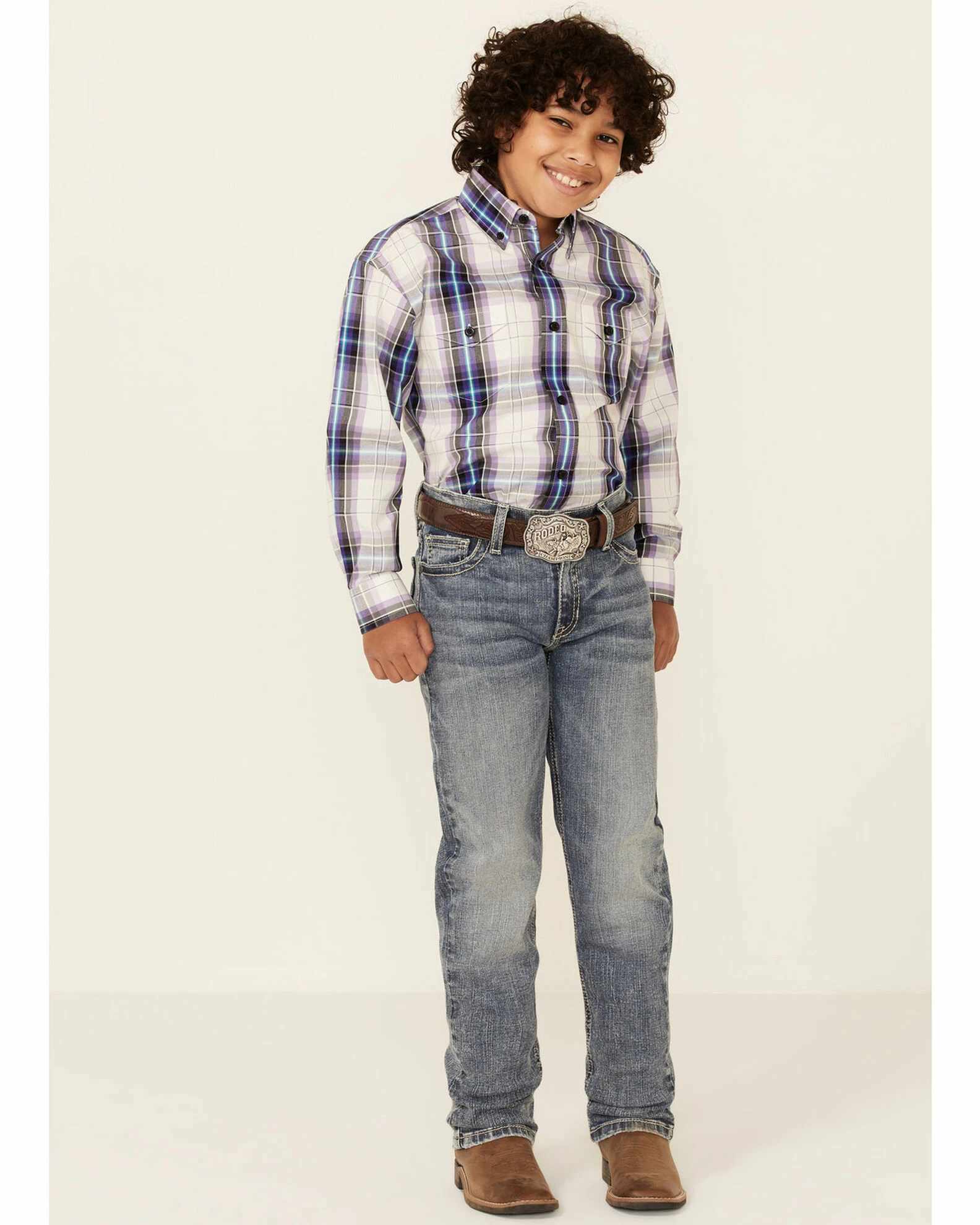 Panhandle Boys' Beige Plaid Button Down Long Sleeve Western Shirt Beige/khaki 4 Panhandle Boys' Beige Plaid Button Down Long Sleeve Western Shirt Beige/khaki - Image 2