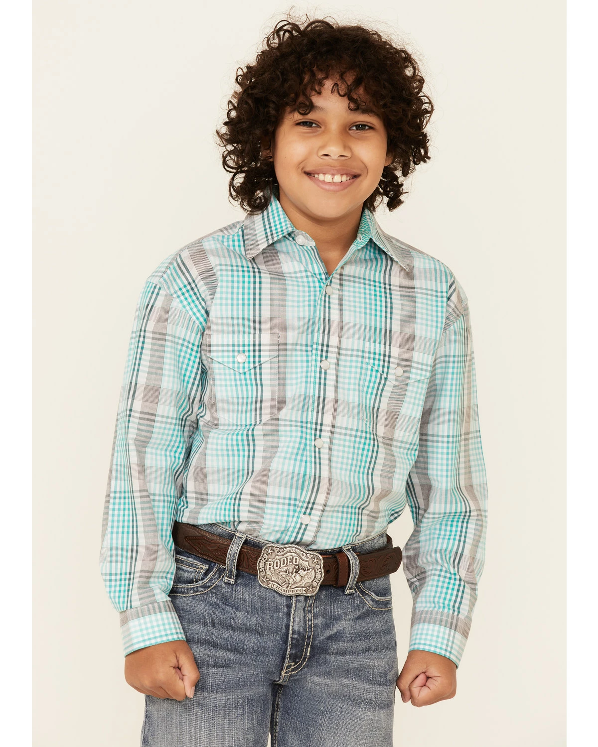 Panhandle Boys' Emerald Plaid Long Sleeve Western Shirt Green 7 Panhandle Boys' Emerald Plaid Long Sleeve Western Shirt Green - Image 5