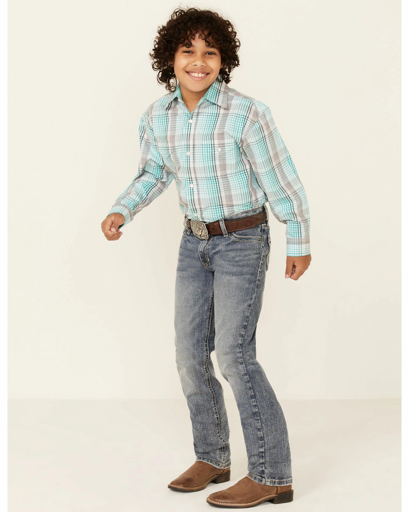 Panhandle Boys' Emerald Plaid Long Sleeve Western Shirt Green 4 Panhandle Boys' Emerald Plaid Long Sleeve Western Shirt Green - Image 2