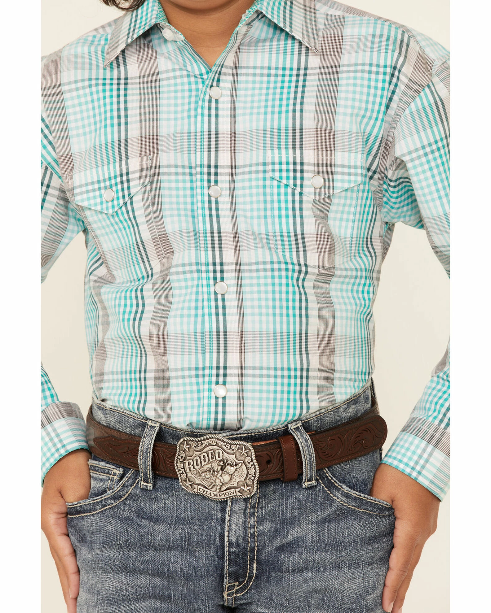 Panhandle Boys' Emerald Plaid Long Sleeve Western Shirt Green 5 Panhandle Boys' Emerald Plaid Long Sleeve Western Shirt Green - Image 3