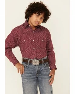 Rough Stock By Panhandle Boys' Wine Geo Print Long Sleeve Snap Western Shirt  Red