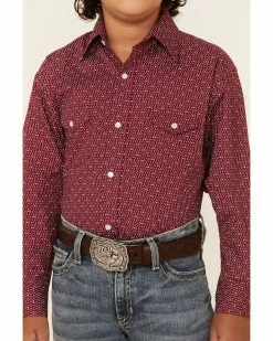 Rough Stock By Panhandle Boys' Wine Geo Print Long Sleeve Snap Western Shirt  Red -Panhandle shop 2000333676 600 P3