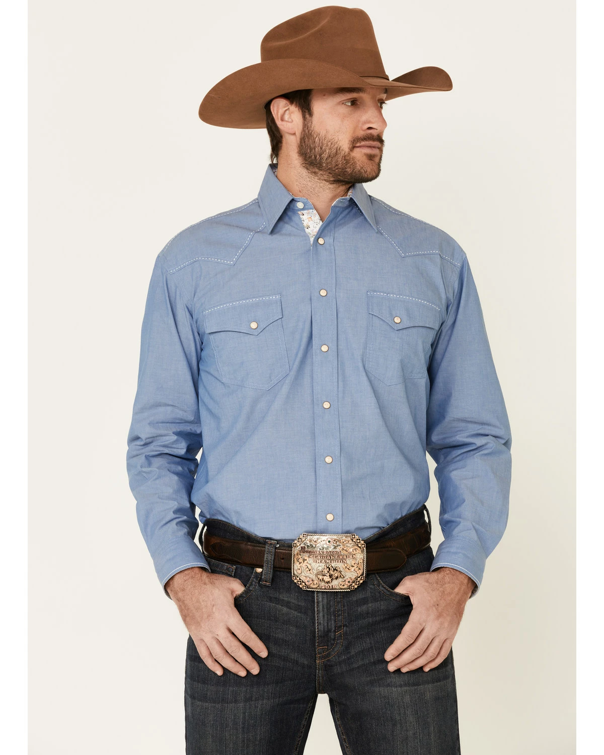 Rough Stock By Panhandle Men's Chambray Fancy Snap Long Sleeve Western Shirt Blue 8 Rough Stock By Panhandle Men's Chambray Fancy Snap Long Sleeve Western Shirt Blue - Image 6