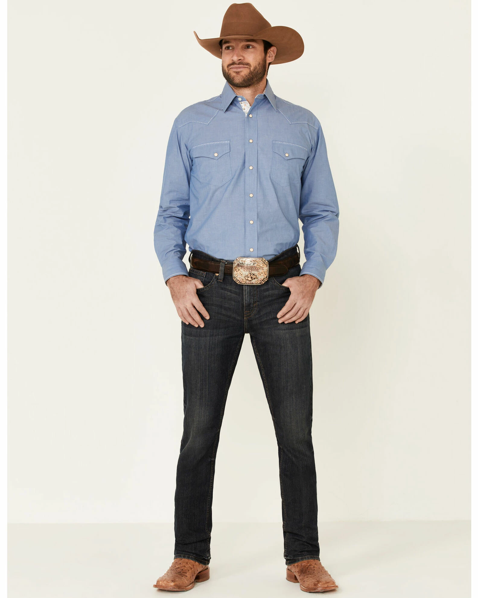 Rough Stock By Panhandle Men's Chambray Fancy Snap Long Sleeve Western Shirt Blue 4 Rough Stock By Panhandle Men's Chambray Fancy Snap Long Sleeve Western Shirt Blue - Image 2