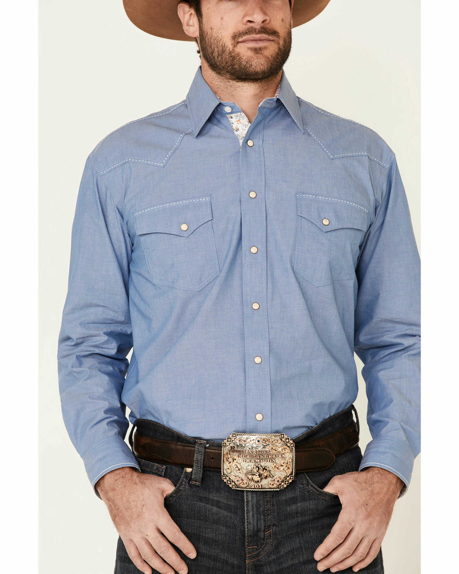 Rough Stock By Panhandle Men's Chambray Fancy Snap Long Sleeve Western Shirt Blue 5 Rough Stock By Panhandle Men's Chambray Fancy Snap Long Sleeve Western Shirt Blue - Image 3