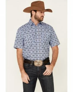 Rough Stock By Panhandle Men's Wallpaper Print Short Sleeve Western Shirt Blue