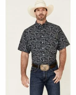 Panhandle Men's Performance Stretch Paisley Print Short Sleeve Western Shirt Blue
