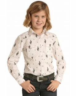 Panhandle Girls' White Cactus Print Long Sleeve Western Shirt